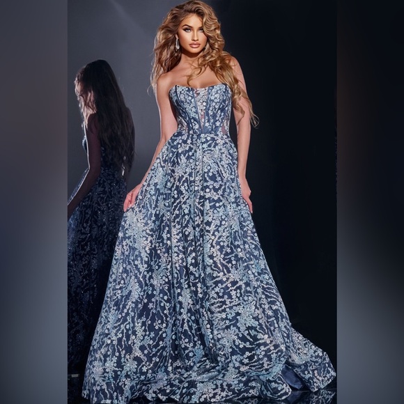 NWT Jovani 44151 Strapless Corset Ball Gown Floral Sheer Formal Prom Navy Sz 16 - Picture 4 of 17